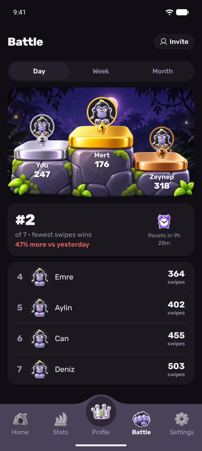 Silverback app screens: Battle