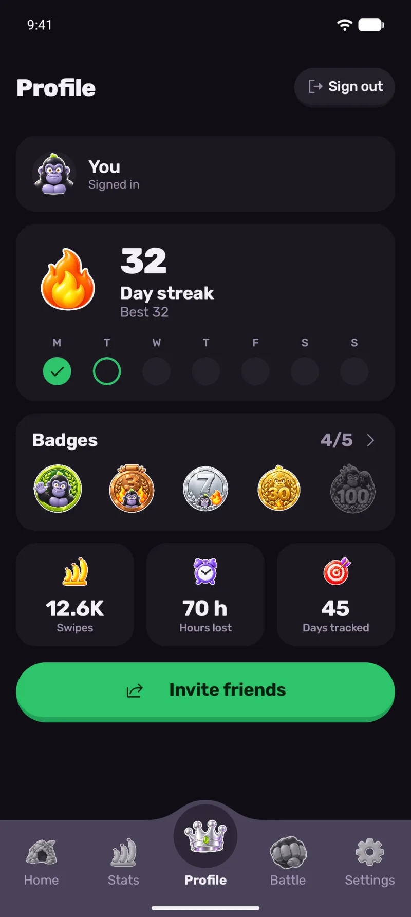 Silverback app screens: Profile